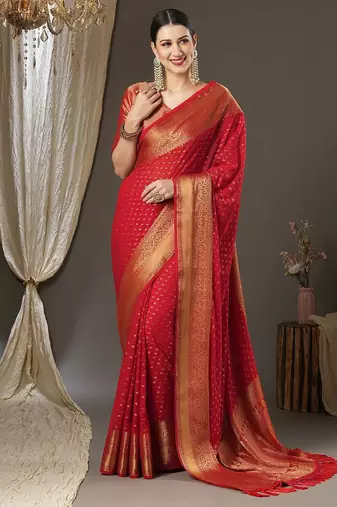 red ethnic motif zari woven kanjeevaram saree