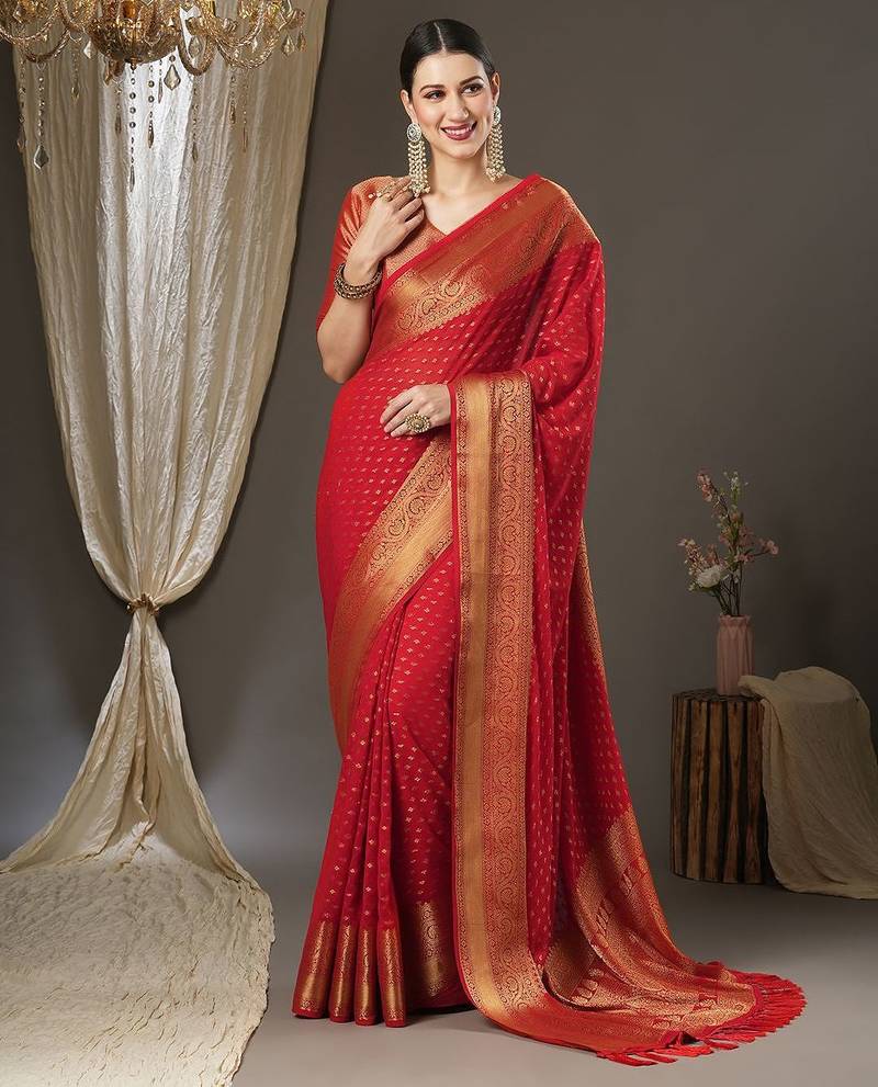 red ethnic motif zari woven kanjeevaram saree