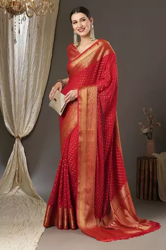 red ethnic motif zari woven kanjeevaram saree