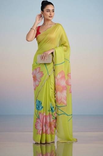 light_lime floral mirror work satin designer saree