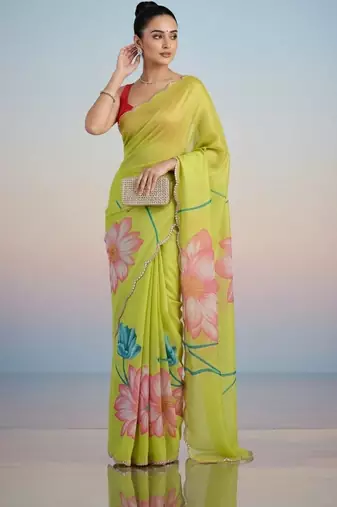 light_lime floral mirror work satin designer saree