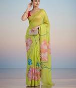 light_lime floral mirror work satin designer saree