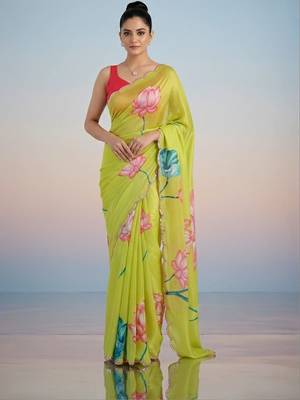 light_lime floral mirror work satin designer saree 2