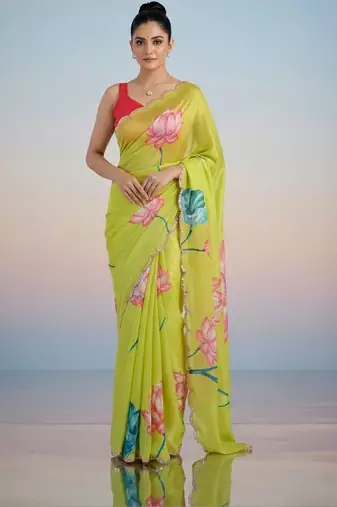 light_lime floral mirror work satin designer saree