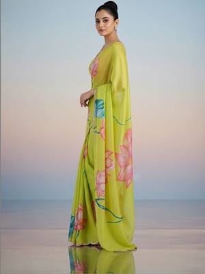 light_lime floral mirror work satin designer saree 3