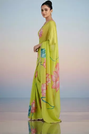 light_lime floral mirror work satin designer saree
