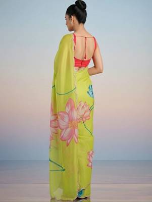 light_lime floral mirror work satin designer saree 4