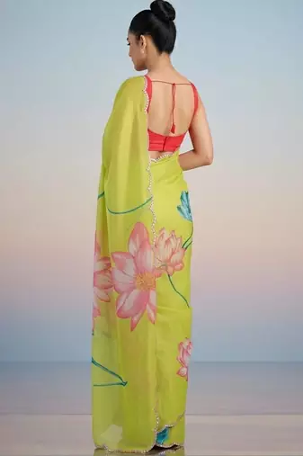 light_lime floral mirror work satin designer saree