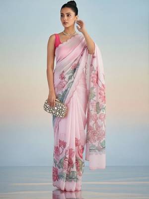 pink floral mirror work satin saree 1