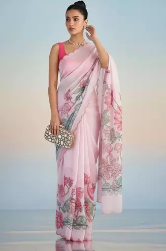 pink floral mirror work satin saree
