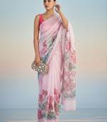 pink floral mirror work satin saree