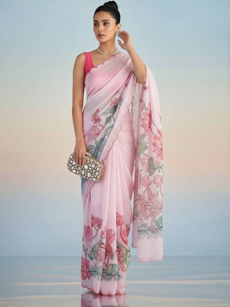 pink floral mirror work satin saree
