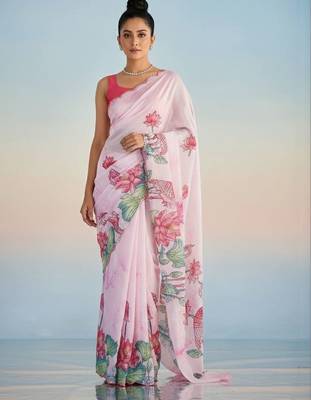 pink floral mirror work satin saree 2