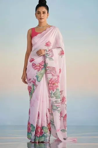 pink floral mirror work satin saree