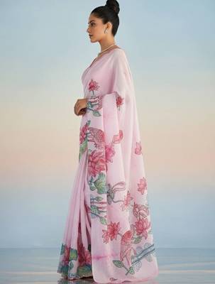 pink floral mirror work satin saree 3