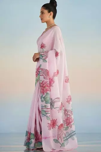 pink floral mirror work satin saree