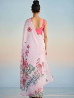 pink floral mirror work satin saree 4