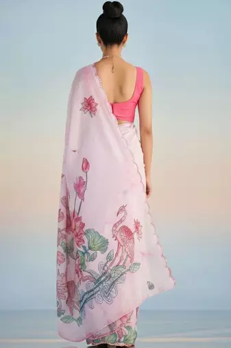 pink floral mirror work satin saree