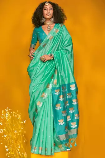 turquoise woven design zari silk blend jamdani saree