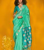 turquoise woven design zari silk blend jamdani saree