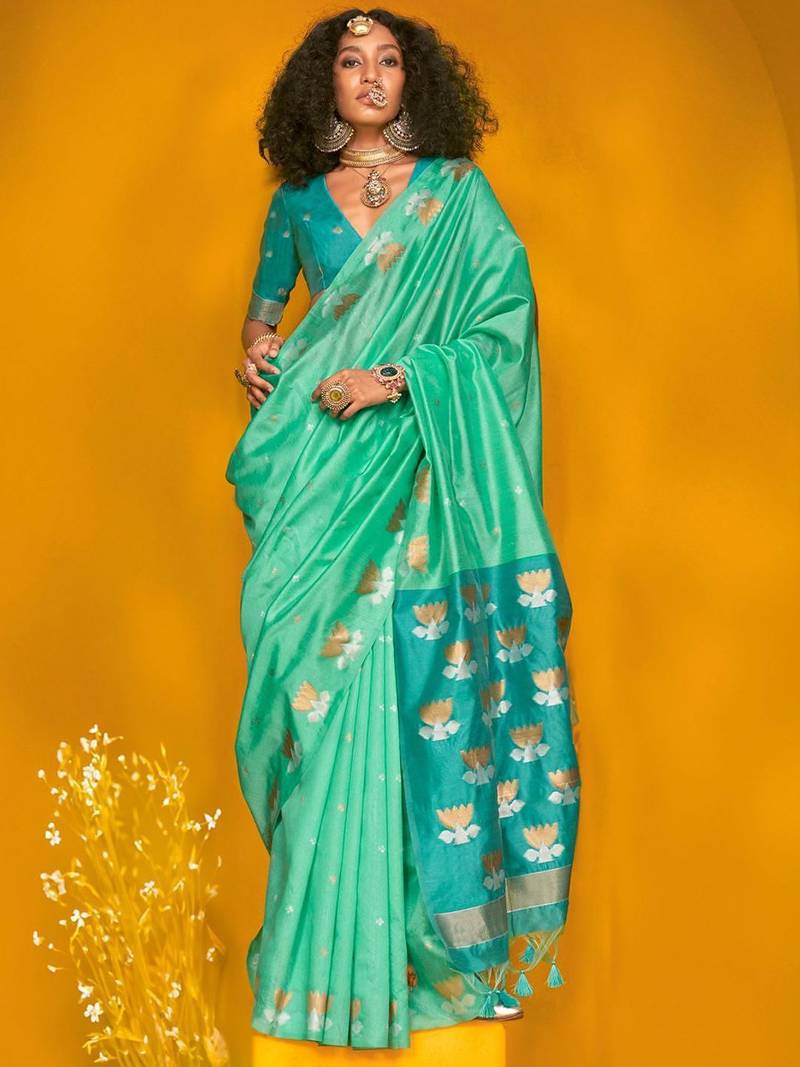 turquoise woven design zari silk blend jamdani saree