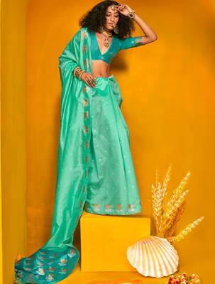 turquoise woven design zari silk blend jamdani saree 2