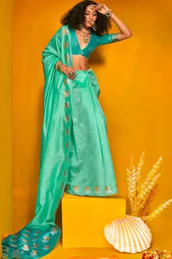 turquoise woven design zari silk blend jamdani saree