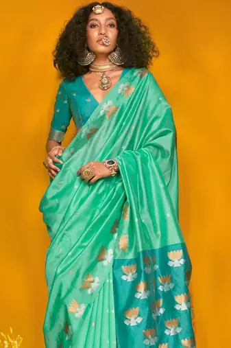 turquoise woven design zari silk blend jamdani saree