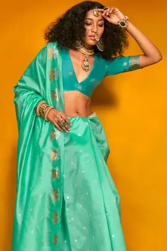 turquoise woven design zari silk blend jamdani saree