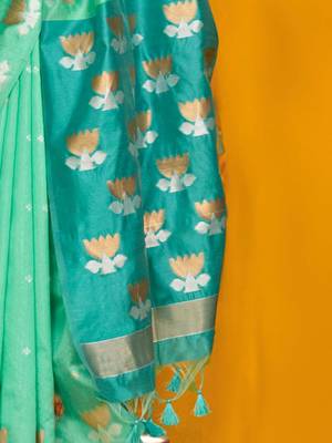 turquoise woven design zari silk blend jamdani saree 5