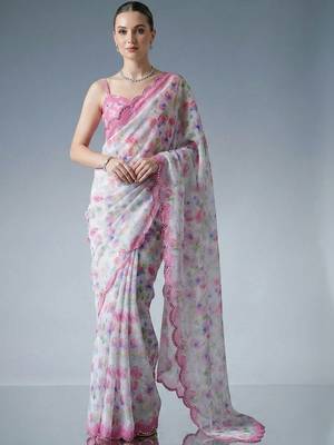 white floral mirror work satin designer saree 1