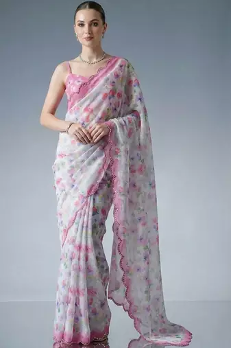 white floral mirror work satin designer saree