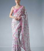 white floral mirror work satin designer saree