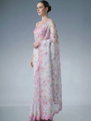 white floral mirror work satin designer saree 3