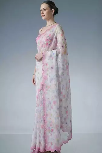 white floral mirror work satin designer saree
