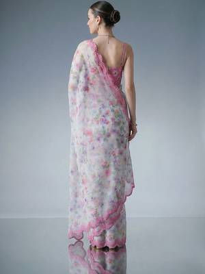 white floral mirror work satin designer saree 4