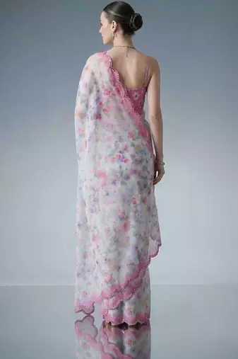 white floral mirror work satin designer saree