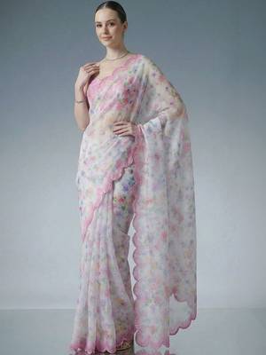 white floral mirror work satin designer saree 5