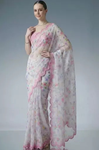 white floral mirror work satin designer saree