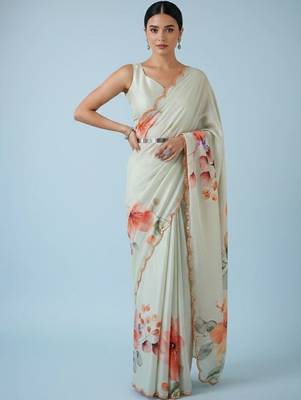 off_white floral mirror work satin designer saree 1