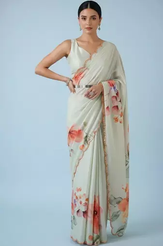 off_white floral mirror work satin designer saree