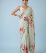 off_white floral mirror work satin designer saree