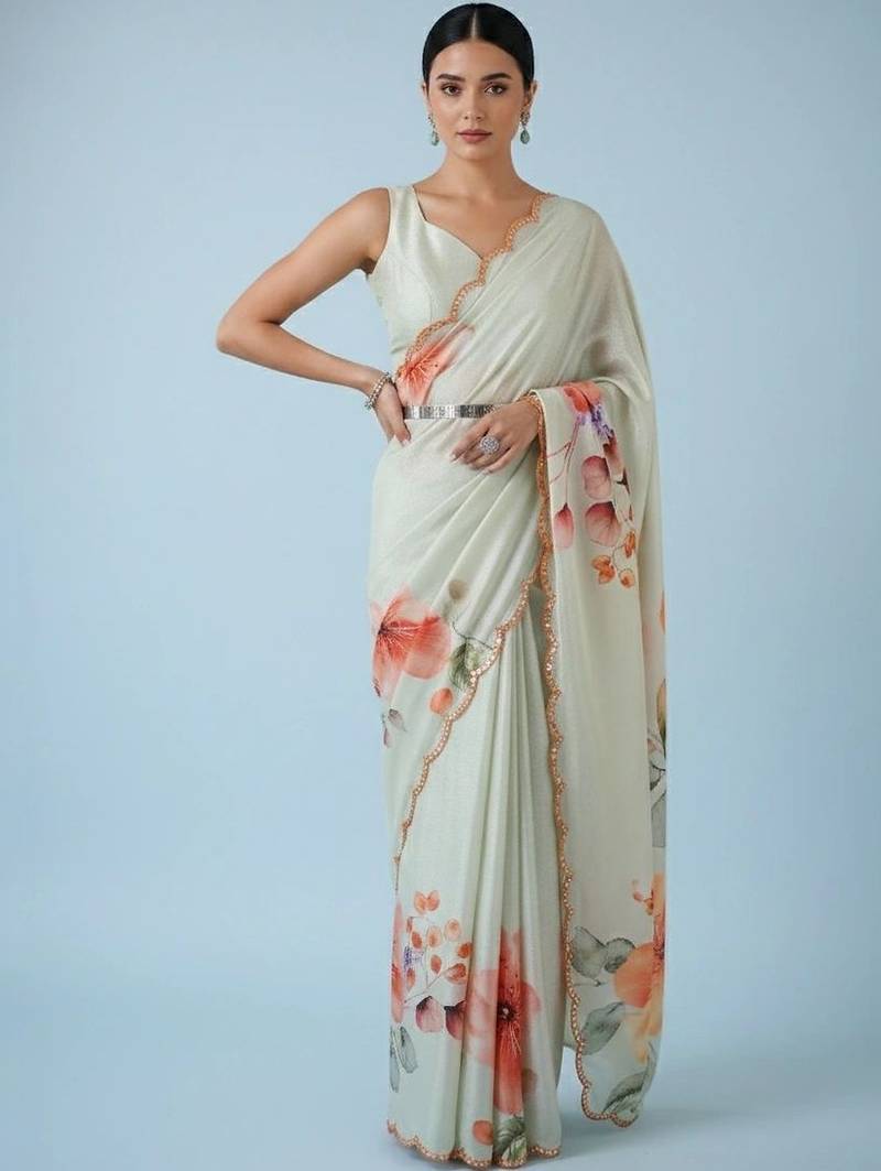 off_white floral mirror work satin designer saree