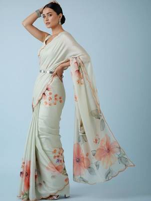 off_white floral mirror work satin designer saree 2