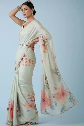 off_white floral mirror work satin designer saree