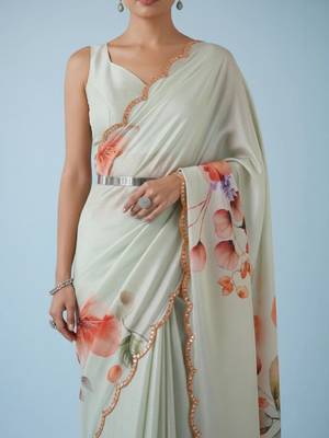 off_white floral mirror work satin designer saree 3