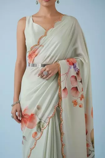 off_white floral mirror work satin designer saree