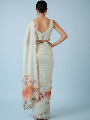 off_white floral mirror work satin designer saree 4
