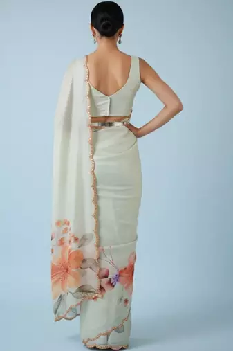 off_white floral mirror work satin designer saree