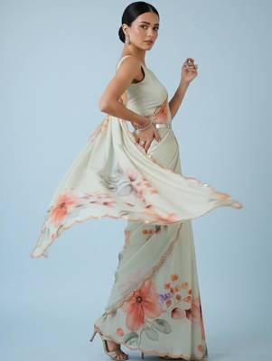 off_white floral mirror work satin designer saree 5